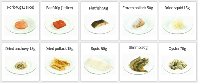 Pork 40g (1 slice) / Beef 40g (1 slice) / Platfish 50g / Frozen pollack 50g / Dried squid 15g / Dried anchovy 15g / Dried pollack 15g / Squid 50g / Shrimp 50g / Oyster 70g